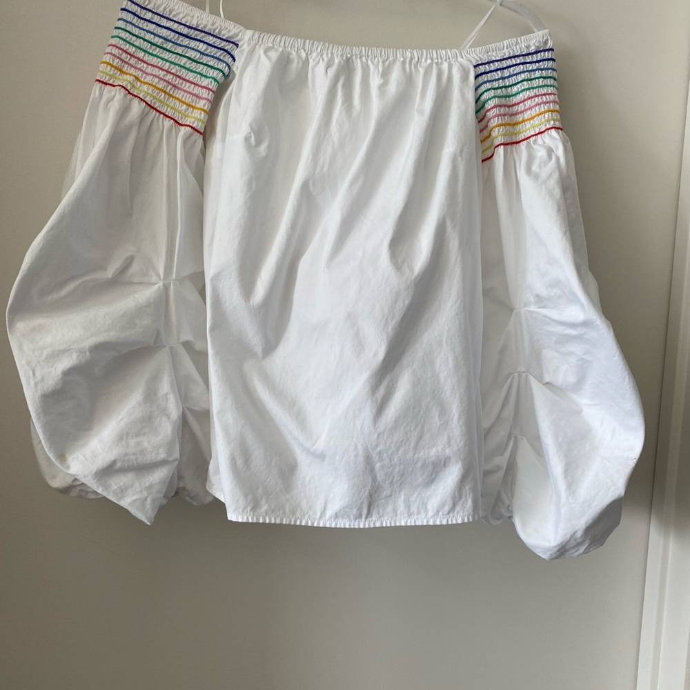 Petersyn White and Rainbow Audrey Blouse w/ off shoulder Ruched Puff Sleeves - S